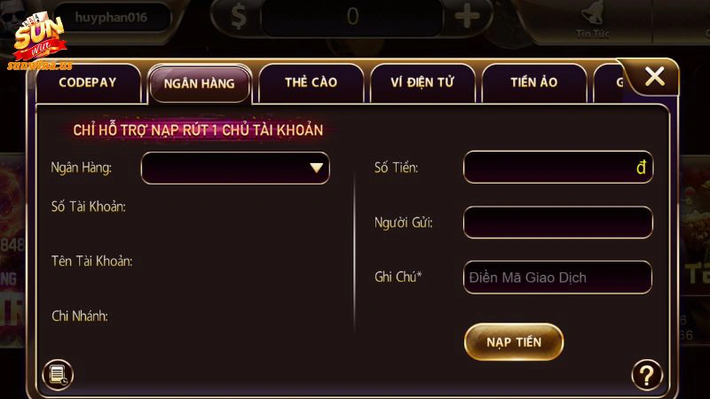 Nạp tiền vào tài khoản Sunwin để tham gia cá cược